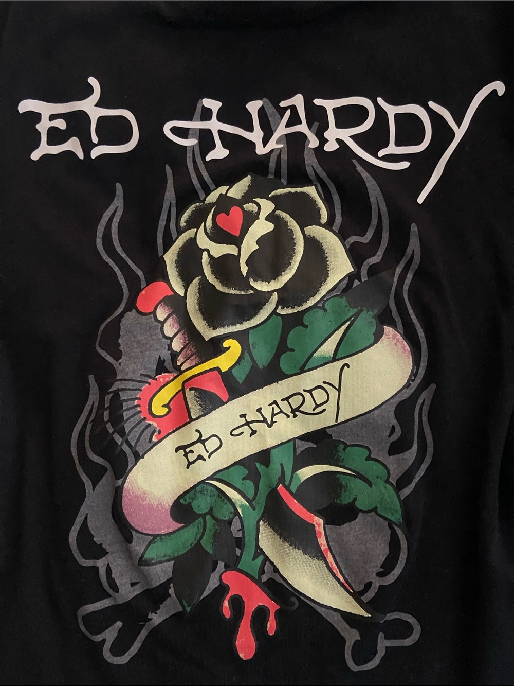 Ed Hardy Black Tee with Rose, Dagger and Banner Graphic - Picture 4 of 5